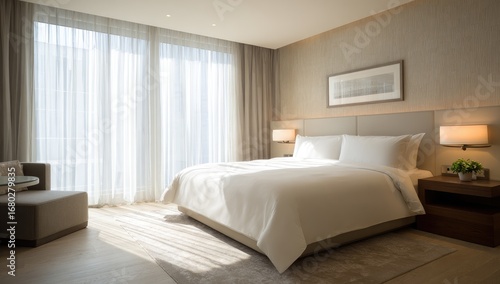 Modern hotel bedroom with large windows, sunlight streaming in