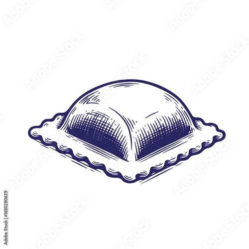 Hand drawn illustration of a single ravioli pasta dish in a vintage engraving style