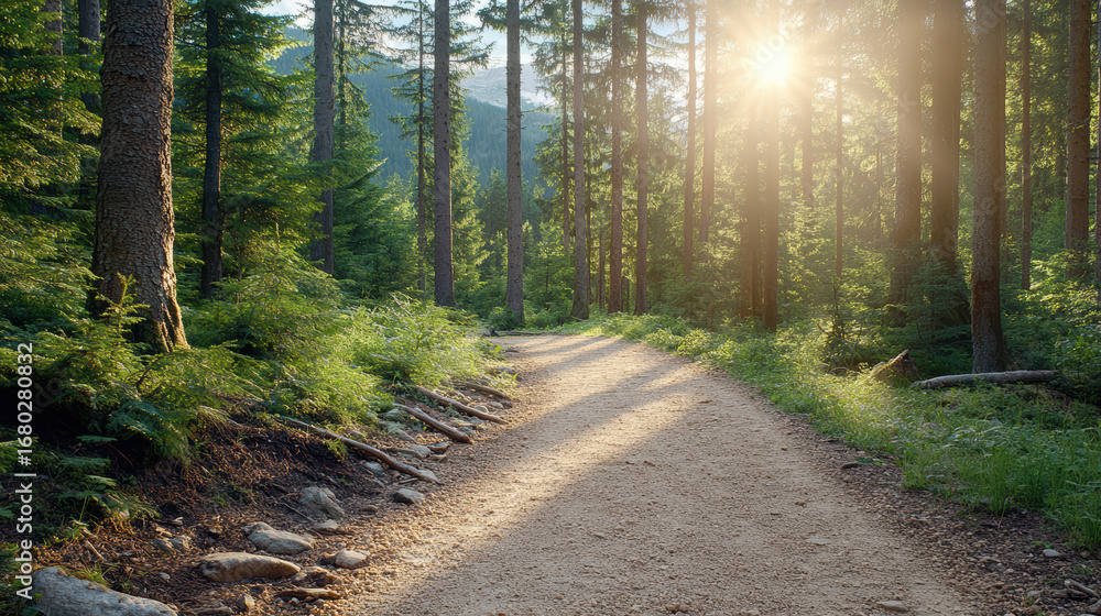 Obraz premium Serene trail winds through lush forest, illuminated by soft sunlight filtering through tall