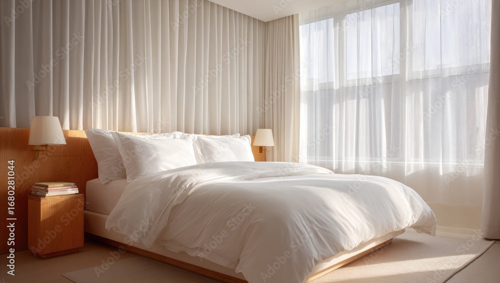 Fototapeta premium Modern bedroom with light beige walls, sheer curtains, and a large white bed