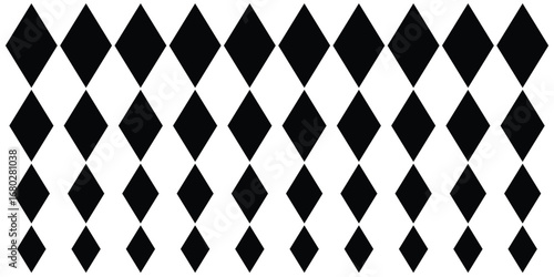 Seamless harlequin pattern with black diamonds on a white background.