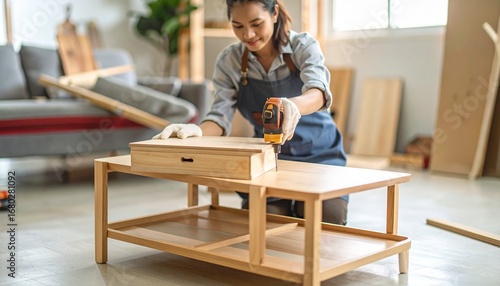 Woman Assembling Wooden Coffee Table Indoors with Tools, Home Improvement Project
