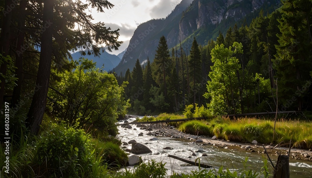 Obraz premium Scenic view of a river flowing through a forest in a mountainous area