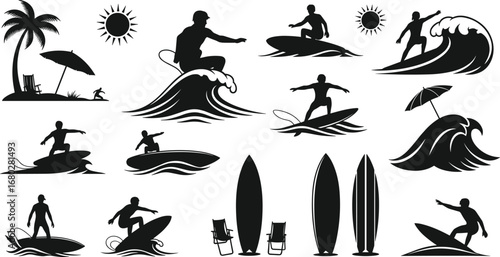 Surfing silhouettes with waves, surfboards, beach chairs, palm trees, summer vacation, extreme water sports, ocean adventure, coastal lifestyle scene