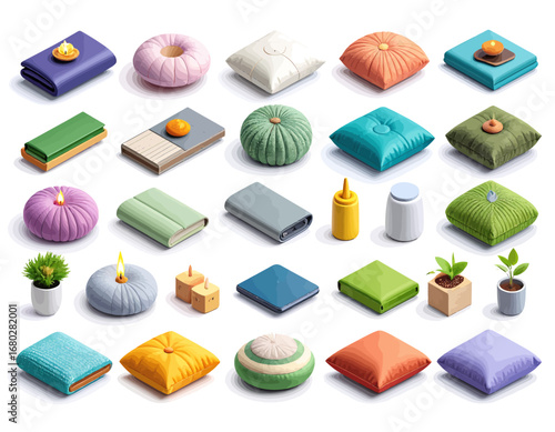 A captivating isometric array of soft textiles, cozy cushions, and decorative accents for contemporary home styling