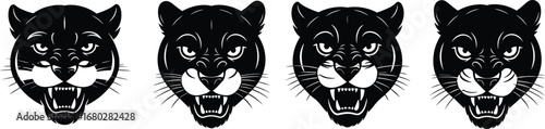 Panther head illustration set, fierce wild cat vector art, black and white predator face design, roaring animal graphic, CAD drawing flat vector illustration