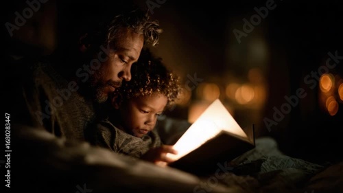 Father and child reading together in a cozy room with warm ambient lighting, creating a nurturing and educational bedtime atmosphere