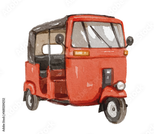 Hand painted watercolor red auto rickshaw isolated