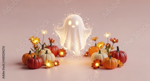 Cute halloween ghost surrounded by pumpkins and glowing flowers on pink background