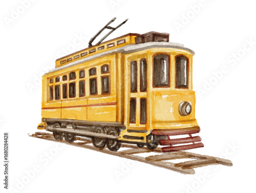 Hand painted watercolor vintage yellow tram isolated