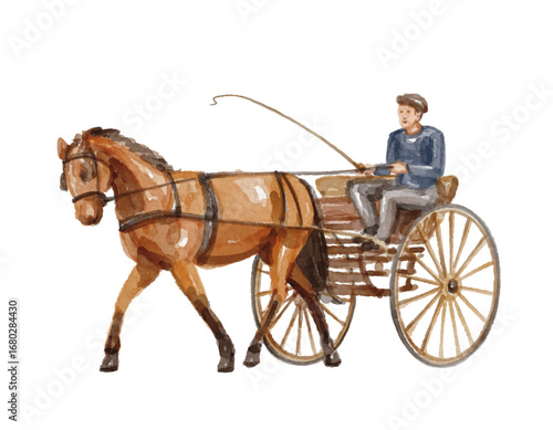 Hand painted watercolor horse carriage driving isolated