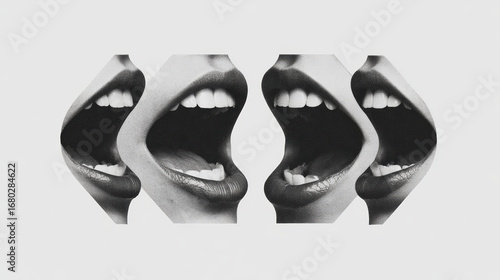Mouth teeth lips open talking communication black and white collage expression vocal Four open mouths with visible teeth and lips black and white