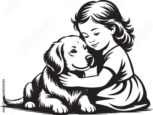 Young girl hugging a beloved golden retriever dog