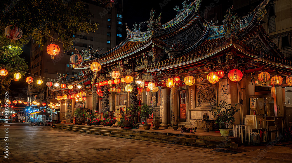 Obraz premium Temple decorated with lanterns at night