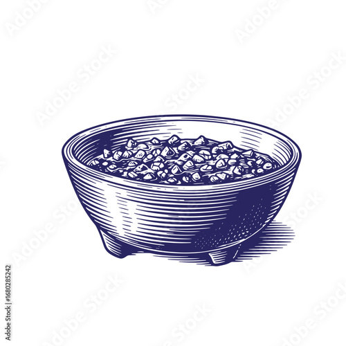 Hand-drawn illustration of a bowl filled with a chunky mixture in a classic engraving style