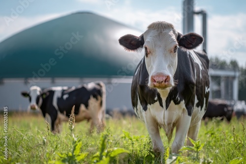 Domesticated Cow in Pasture Near Modern Biogas Plant in Daylight