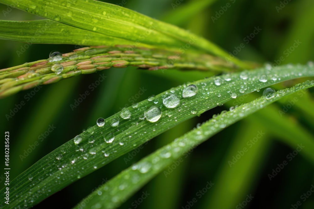 Obraz premium Fresh Green Leaves with Water Droplets in Morning Light