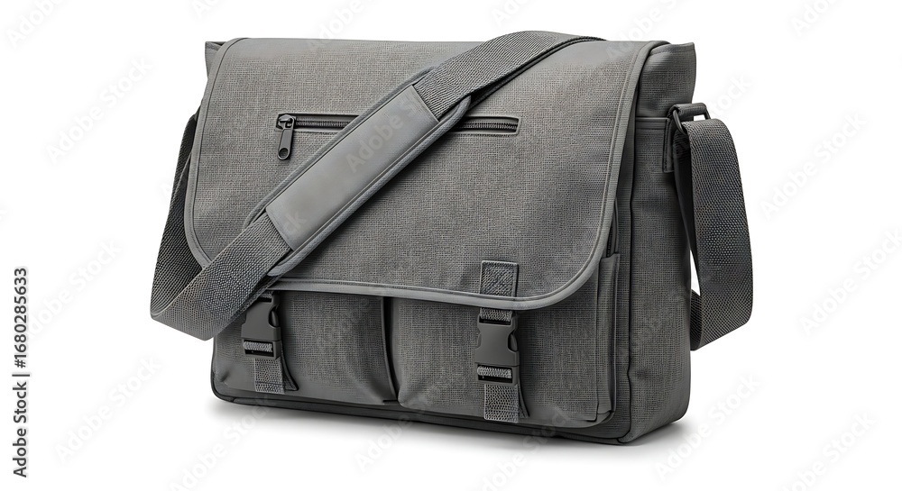 Naklejka premium Gray messenger bag with multiple pockets and adjustable strap.