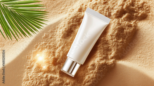 Eco friendly cosmetic tube with green leaf design standing on sand dune
