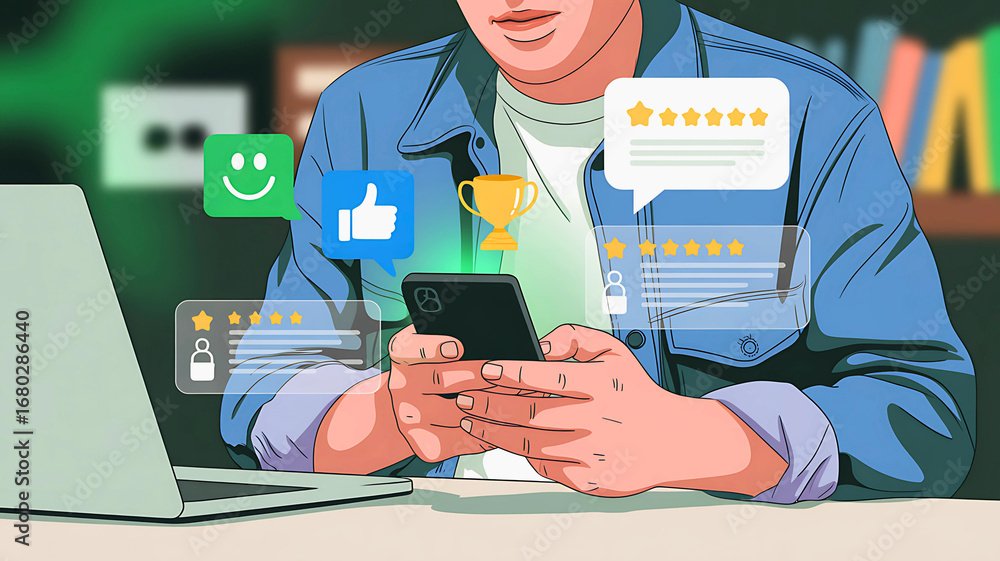 Man sharing a positive five-star review online using a smartphone, representing customer satisfaction and digital feedback Man sharing a positive five-star review online using a smartphone, representing customer satisfaction and digital feedback