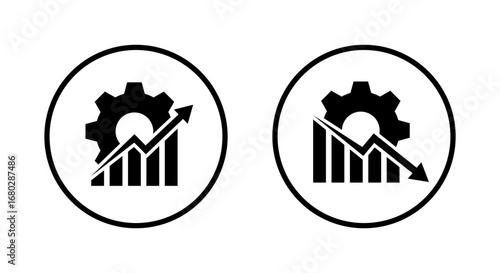 Gear and chart icon in circular outline. Business growth and decline symbol. Productivity performance concept