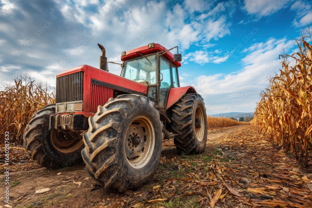 Obraz premium Red Tractor on a Dirt Path between Tall Corn Fields Under Blue Sky