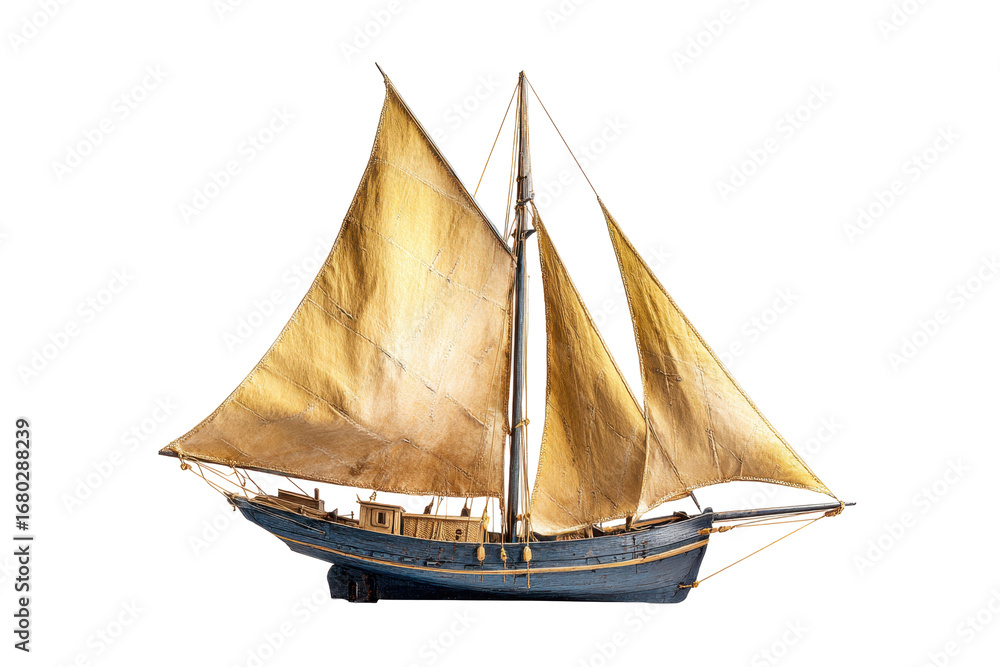 Obraz premium Traditional Wooden Sailboat Model with Golden Sails