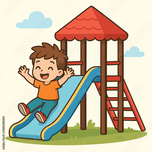 Minimalist Vector of Boy Sliding on Playground Slide