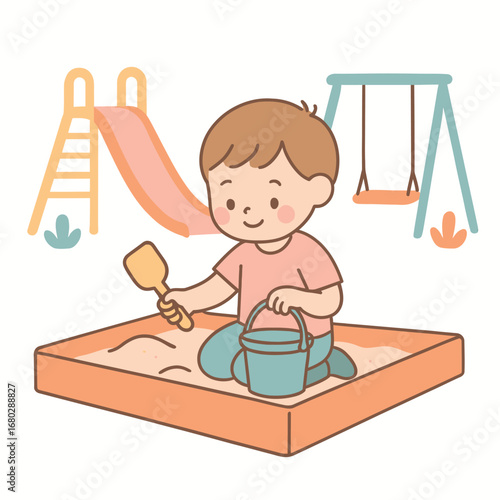 Cute Outline Illustration of Child Playing in Sandbox