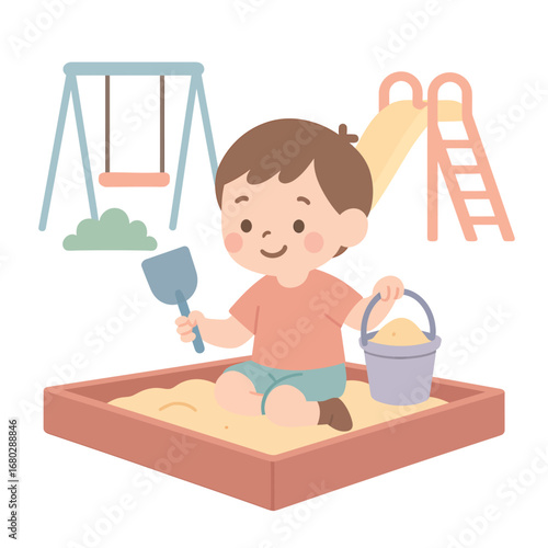 Child sitting on swing in sandy playground, flat 2D vector illustration