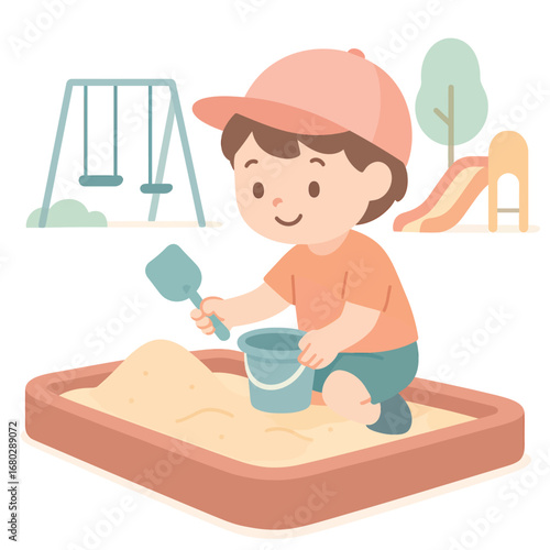 Happy child swinging high above sand, cute 2D flat vector design