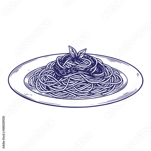 Vector illustration of a plate of spaghetti pasta decorated with fresh basil leaves