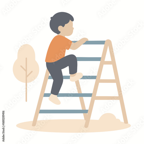 Child climbing jungle gym structure in playground, flat 2D vector