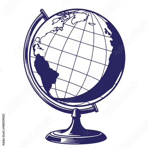Vintage blue globe illustration depicting continents and grid lines against white background