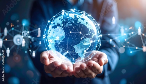 someone holding a globe in their hands with a lot of connections