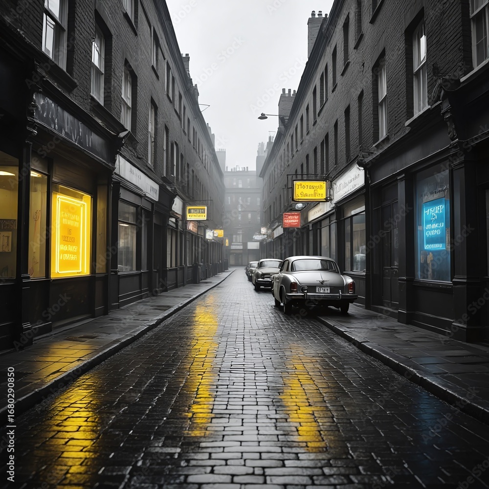 Obraz premium Vintage Cars on Wet Cobblestone Street in London England after Rain with Neon Signs and Dark Buildings Creating Atmospheric Mood