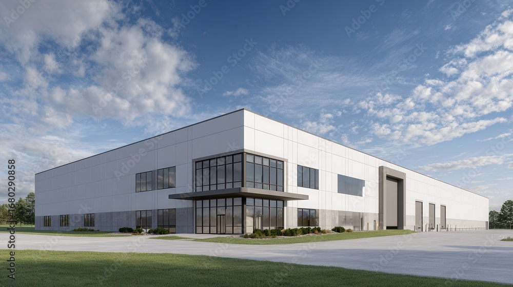 Obraz premium Modern industrial warehouse building with large loading bay doors under a cloudy sky