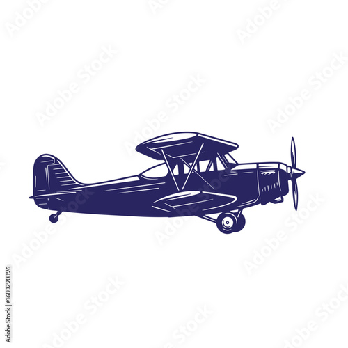 Vintage illustration of a classic biplane aircraft isolated against a clean white background