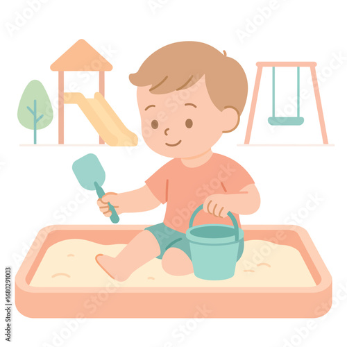 Playground scene with swing, slide, and sandbox in sand, child swinging