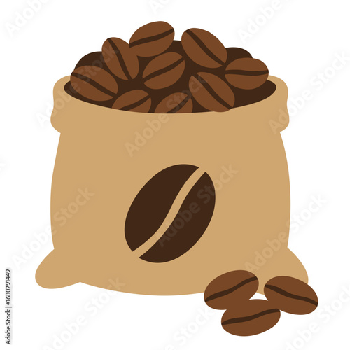 A sack full of roasted coffee beans isolated on white, representing caffeine, energy, organic farming, and beverage culture.