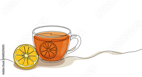 Citrus Tea Art: A minimalist, line-art illustration features a delicate teacup filled with citrus-infused tea alongside a fresh lemon, evoking a sense of warmth and refreshment.