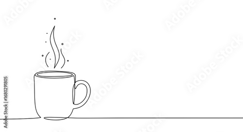Steaming Mug: A minimalist illustration of a single-line drawing depicts a steaming mug of coffee, a visual ode to comfort and warmth.