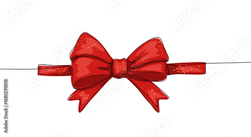 Festive Red Ribbon Bow: A beautifully rendered illustration showcases a vibrant red ribbon bow, suspended gracefully against a clean, understated backdrop.