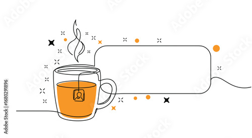 Simple Tea Concept: A minimalist depiction of a teacup with tea bag, steam, and a speech bubble, perfect for conveying calm and conversation.