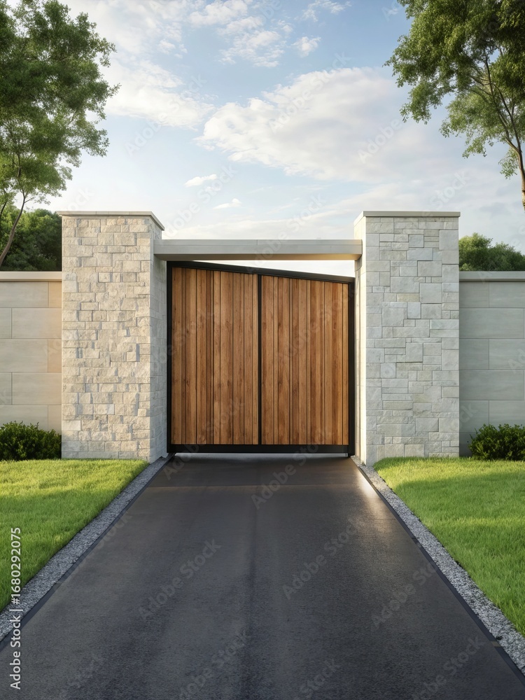 Fototapeta premium Modern wooden security gate framed by sleek stone walls, bordered by a road and lush green grass, serene atmosphere