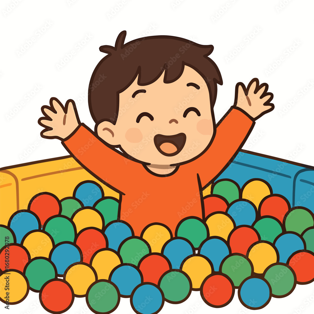 Naklejka premium Child playing in colorful ball pit, flat 2D cartoon vector illustration