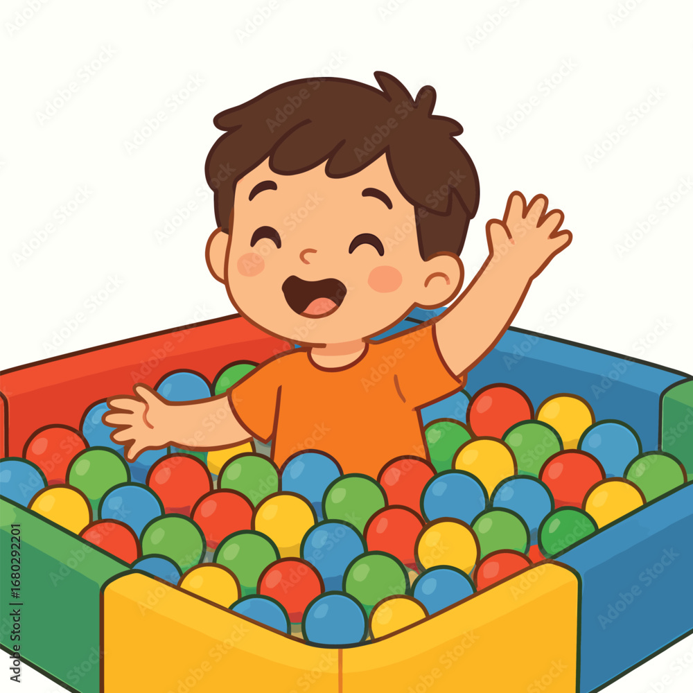 Fototapeta premium Happy child smiling in indoor ball pool, cute pastel flat cartoon design