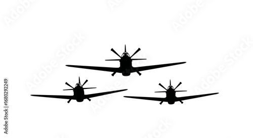 Three Vintage Airplane Silhouettes in Formation Against White Background, Suitable for Aviation History, Design Projects, and Patriotic Themes