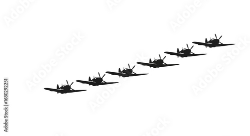 Formation of Vintage Airplanes Flying in Silhouette Against a White Sky, Ideal for Aviation Enthusiasts, Historical Reenactments, and Air Show Promotions