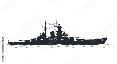 Striking Silhouette of a Battleship Navigating the Seas, Perfect for Historical Illustrations and Naval History Presentations or Graphic Design Projects.
